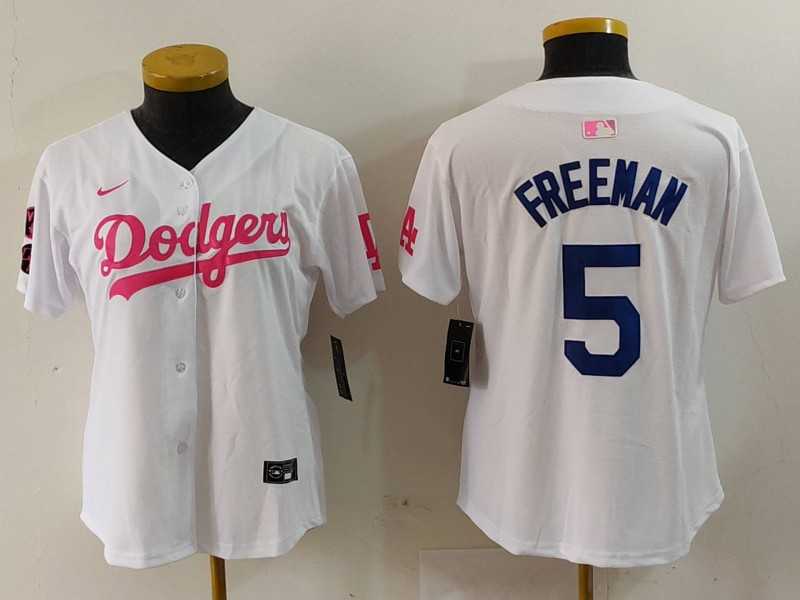 Womens Los Angeles Dodgers #5 Freddie Freeman White Pink With Patch Limited Stitched Jersey